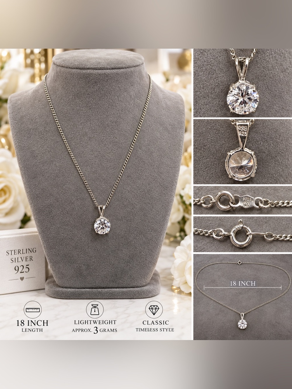 Sterling Silver Solitaire Necklace with Clear CZ Pendant - Silver